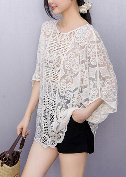 Organic Beige Hollow Out T Shirts Fall