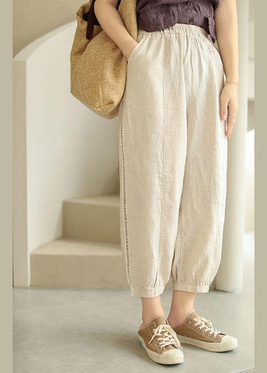 Organic Beige Retro Hollow Out Pockets Fall Pants - SooLinen