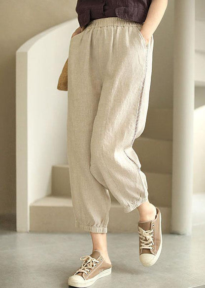 Organic Beige Retro Hollow Out Pockets Fall Pants - SooLinen