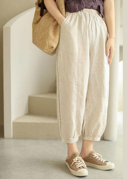 Organic Beige Retro Hollow Out Pockets Fall Pants - SooLinen