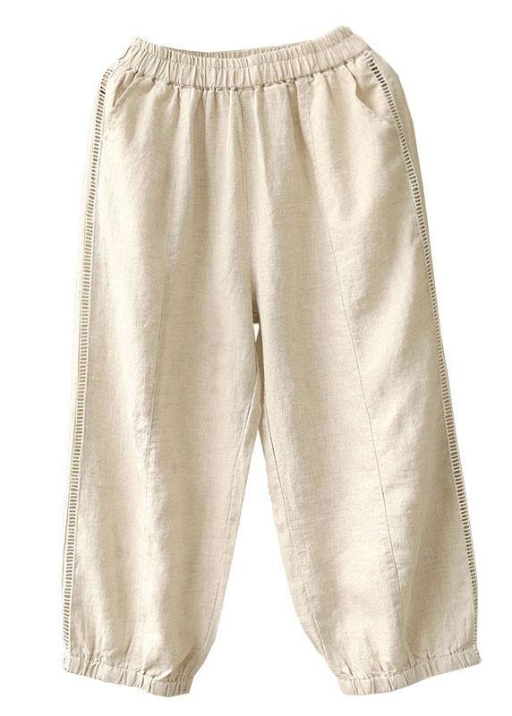 Organic Beige Retro Hollow Out Pockets Fall Pants - SooLinen