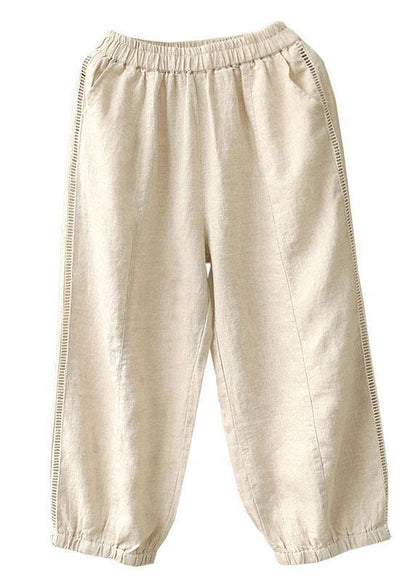 Organic Beige Retro Hollow Out Pockets Fall Pants - SooLinen