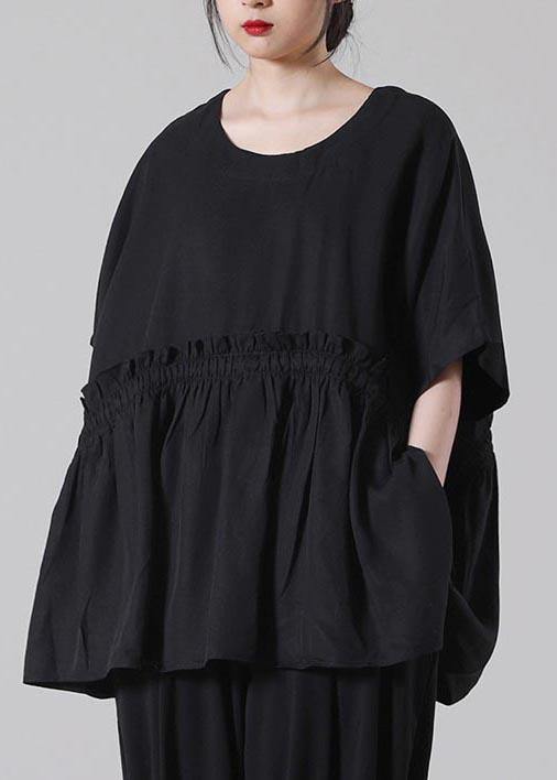 Organic Black Batwing Sleeve Cotton Summer Shirts - SooLinen