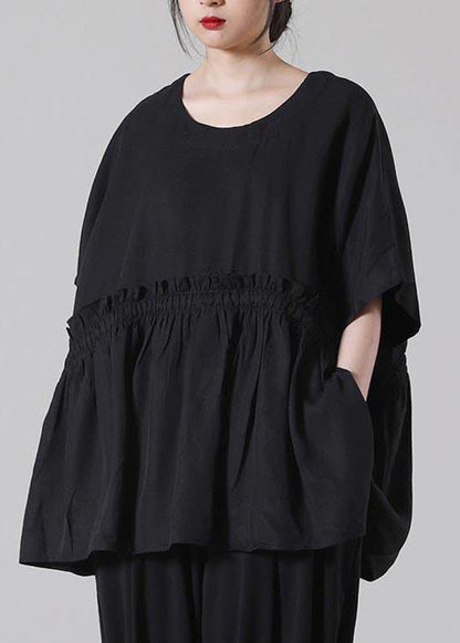 Organic Black Batwing Sleeve Cotton Summer Shirts - SooLinen