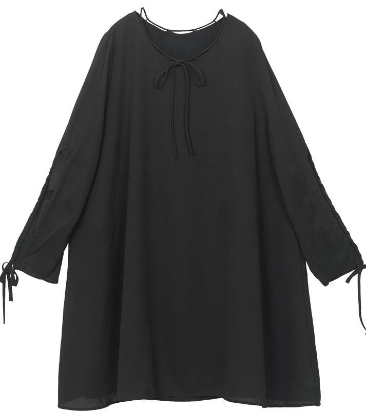 Organic Black Cinched Chiffon O-Neck Hollow Out Summer Party Dress - SooLinen