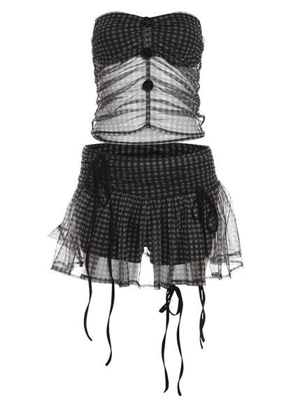 Organic Black Cold Shoulder Bow Tulle Vest And Pleated Skirt Two Pieces Set Summer
