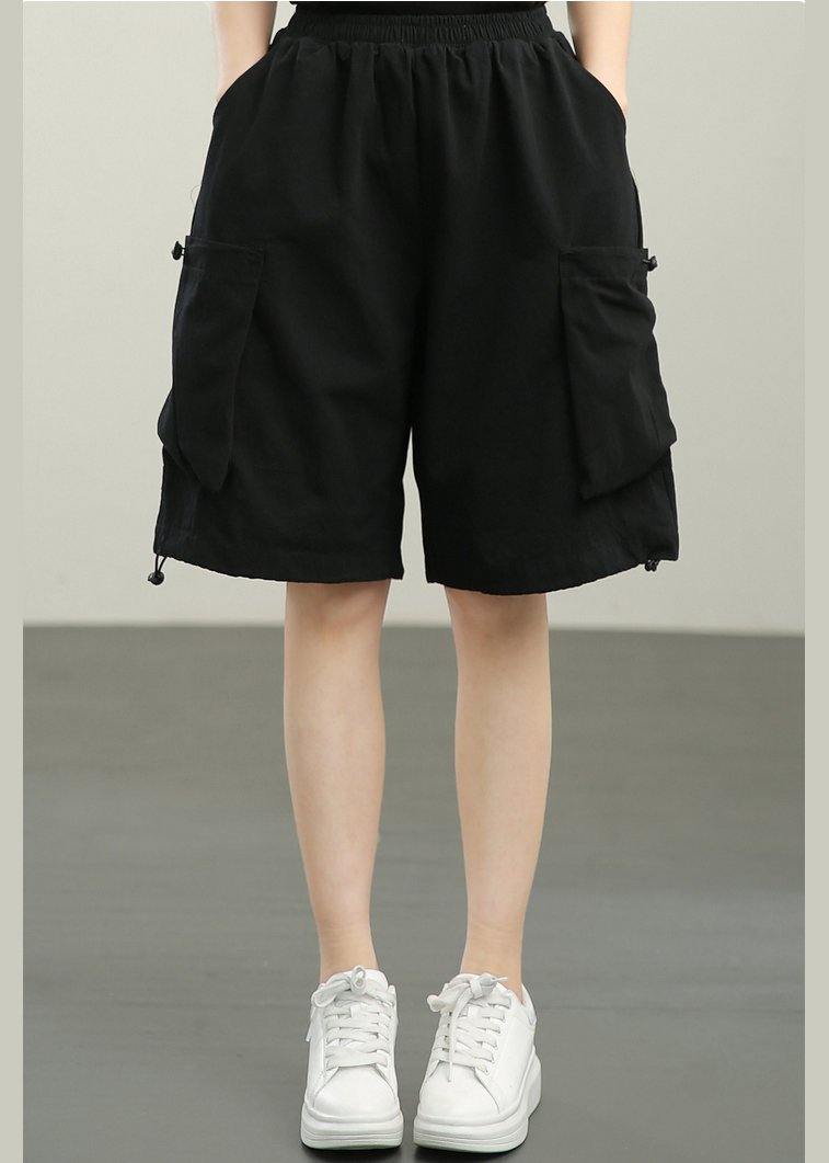 Organic Black Elastic Waist hot pants Summer - SooLinen