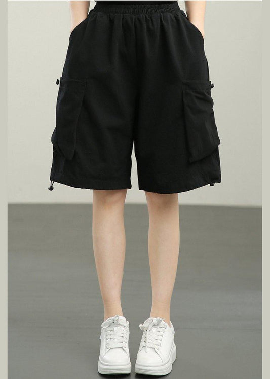 Organic Black Elastic Waist hot pants Summer - SooLinen