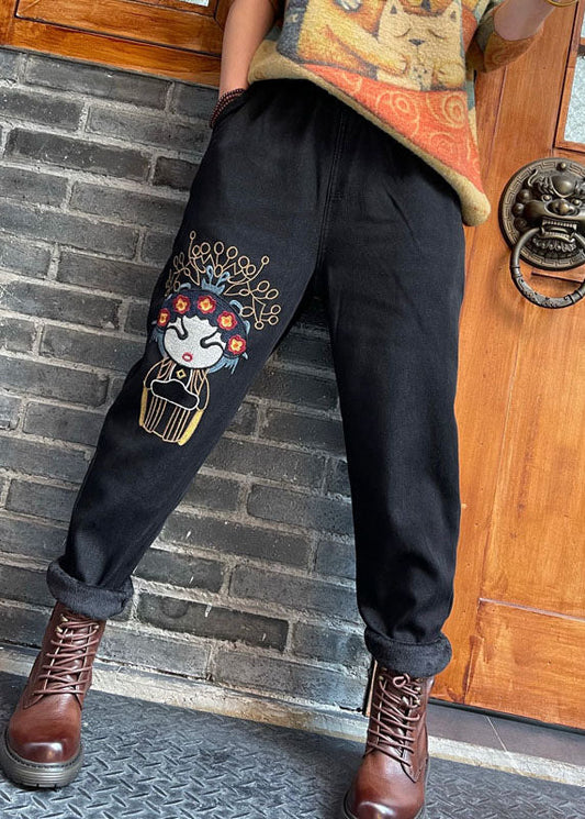 Bio-schwarze bestickte dicke Jeanshose Winter