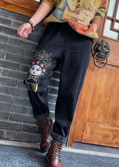 Bio-schwarze bestickte dicke Jeanshose Winter