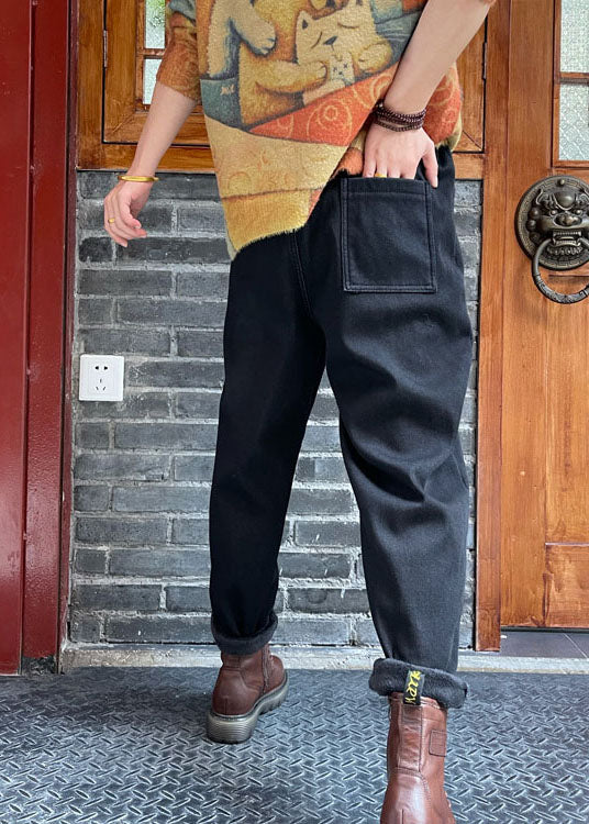 Bio-schwarze bestickte dicke Jeanshose Winter