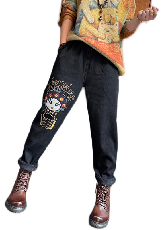 Bio-schwarze bestickte dicke Jeanshose Winter