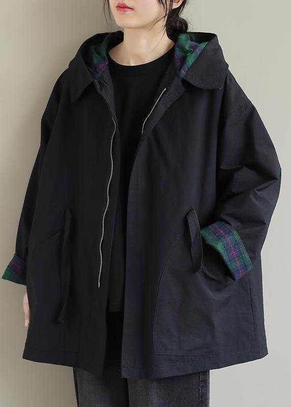 Organic Black Fine Coats Women Blouses Inspiration Hooded Zip Up Spring Jackets - SooLinen