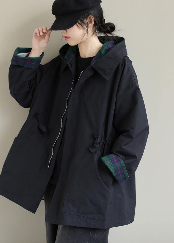Organic Black Fine Coats Women Blouses Inspiration Hooded Zip Up Spring Jackets - SooLinen