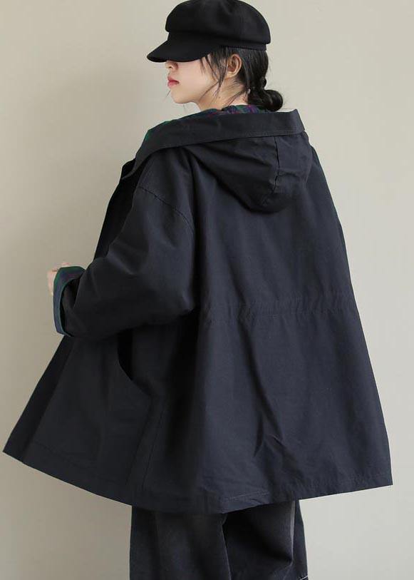 Organic Black Fine Coats Women Blouses Inspiration Hooded Zip Up Spring Jackets - SooLinen