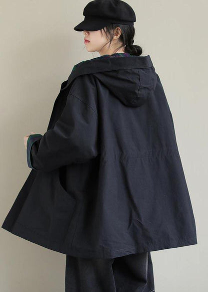 Organic Black Fine Coats Women Blouses Inspiration Hooded Zip Up Spring Jackets - SooLinen