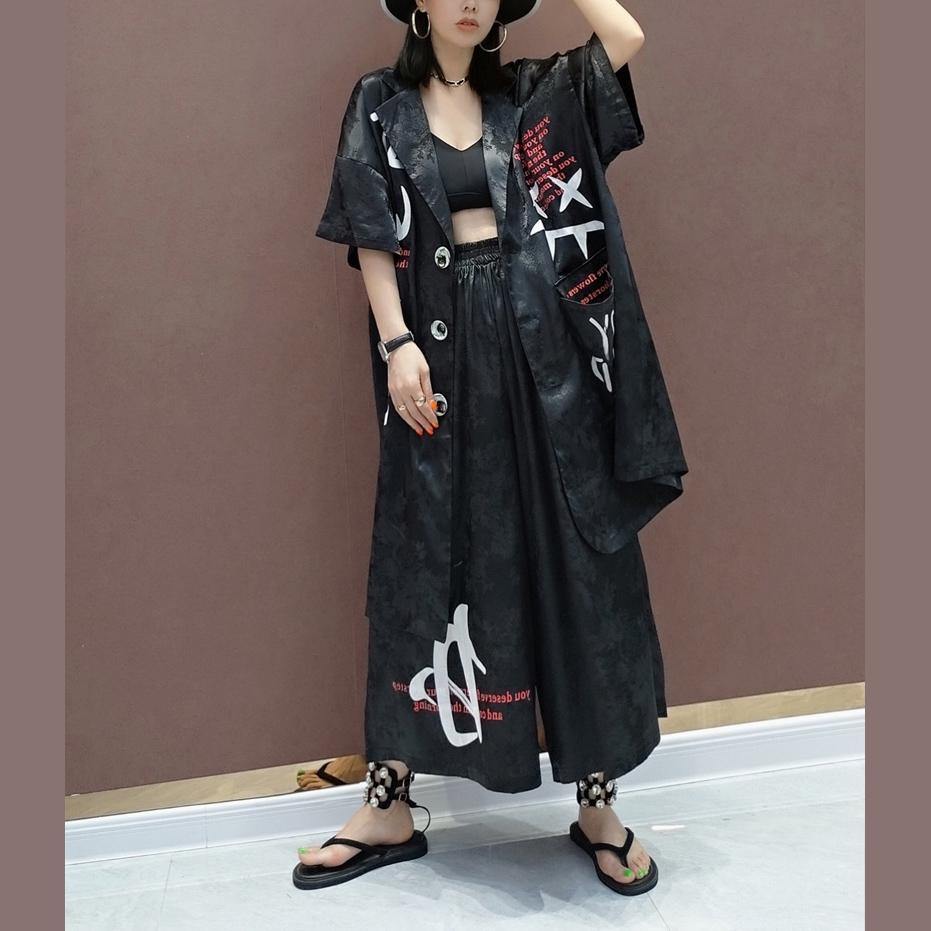 Organic Black Graphic Button Long sleeve Two Piece Set - SooLinen