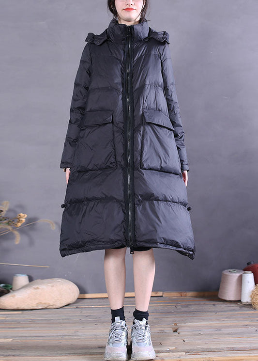 Bio-Daunenjacke mit Kapuze und Taschen, Schwarz, für den Winter