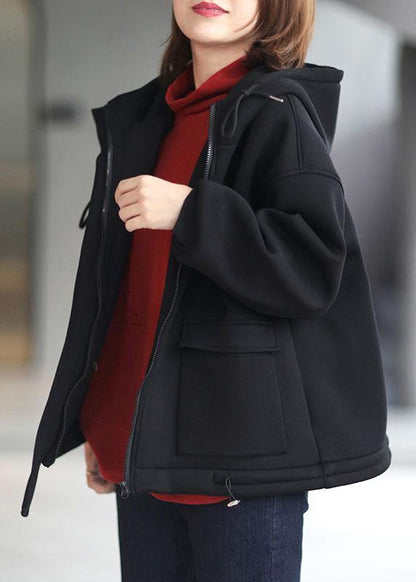 Organic Black Loose Zippered Pockets Fall Hoodie Coat Long Sleeve - SooLinen