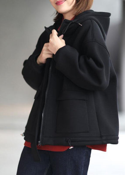 Organic Black Loose Zippered Pockets Fall Hoodie Coat Long Sleeve - SooLinen