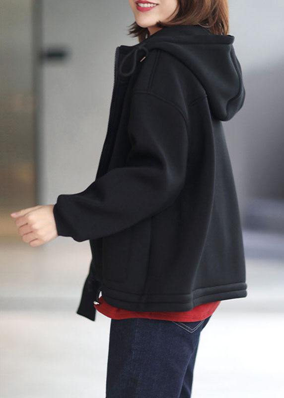 Organic Black Loose Zippered Pockets Fall Hoodie Coat Long Sleeve - SooLinen