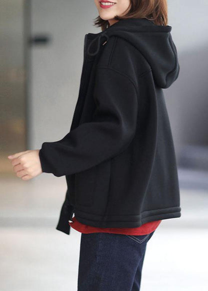Organic Black Loose Zippered Pockets Fall Hoodie Coat Long Sleeve - SooLinen