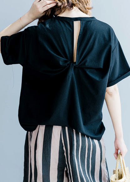 Schwarzes Bio-Baumwoll-Oberteil mit Rundhalsausschnitt und Schleife, kurzärmlig