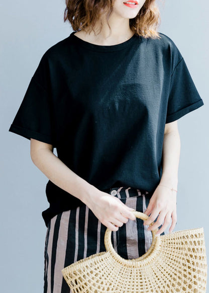 Schwarzes Bio-Baumwoll-Oberteil mit Rundhalsausschnitt und Schleife, kurzärmlig