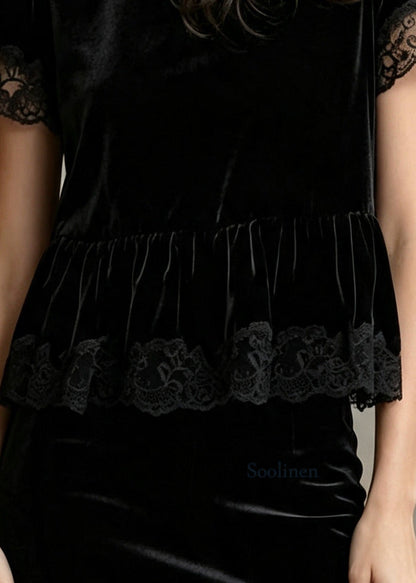Organic Black Oversized Patchwork Silk Velour Blouses Summer