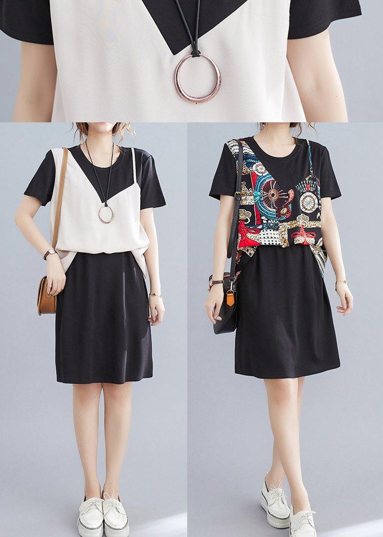 Organic Black Patchwork Beige Summer Chiffon Dress - SooLinen