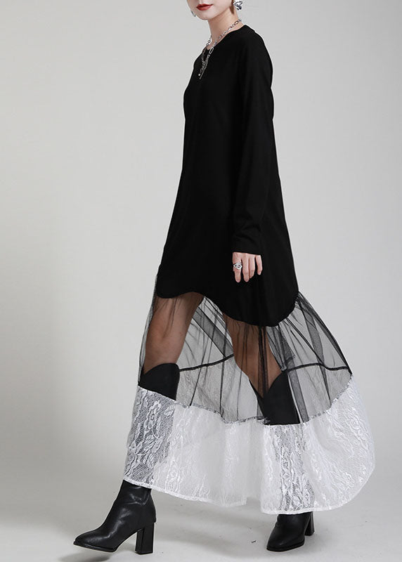 Bio Schwarz Patchwork Spitze Tüll asymmetrisches Design Herbst Maxikleid Langarm