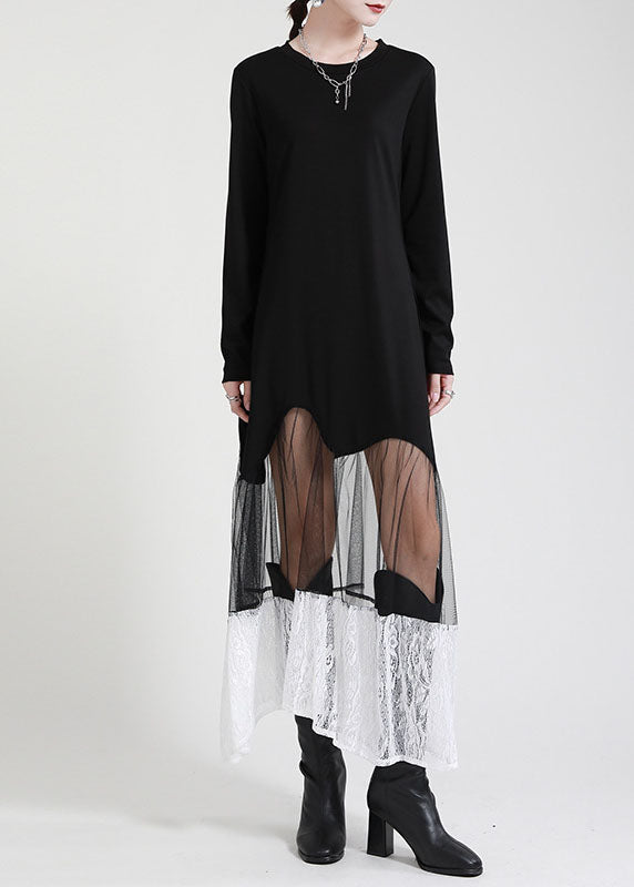 Bio Schwarz Patchwork Spitze Tüll asymmetrisches Design Herbst Maxikleid Langarm