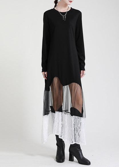 Bio Schwarz Patchwork Spitze Tüll asymmetrisches Design Herbst Maxikleid Langarm