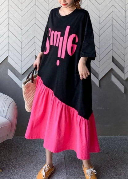 Organic Black Patchwork Rose O-Neck Summer Maxi Dress Half Sleeve - SooLinen