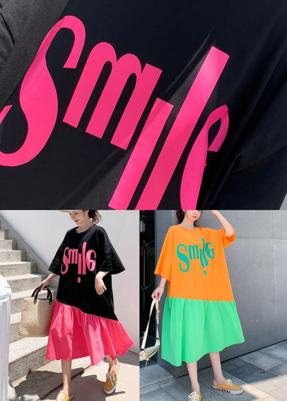 Organic Black Patchwork Rose O-Neck Summer Maxi Dress Half Sleeve - SooLinen