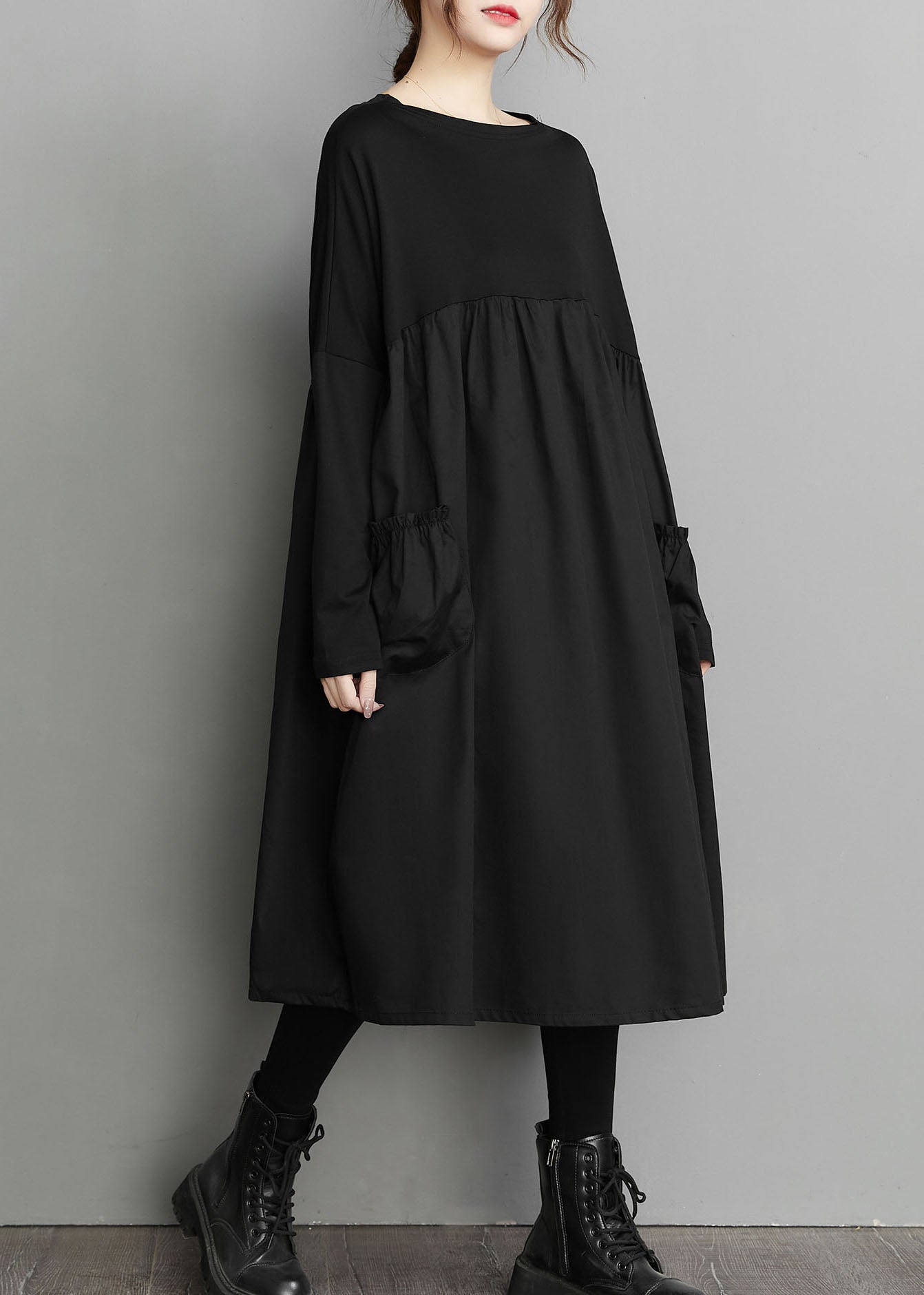 Bio Schwarz Patchwork faltig Taschen Baumwolle Kleider Frühling