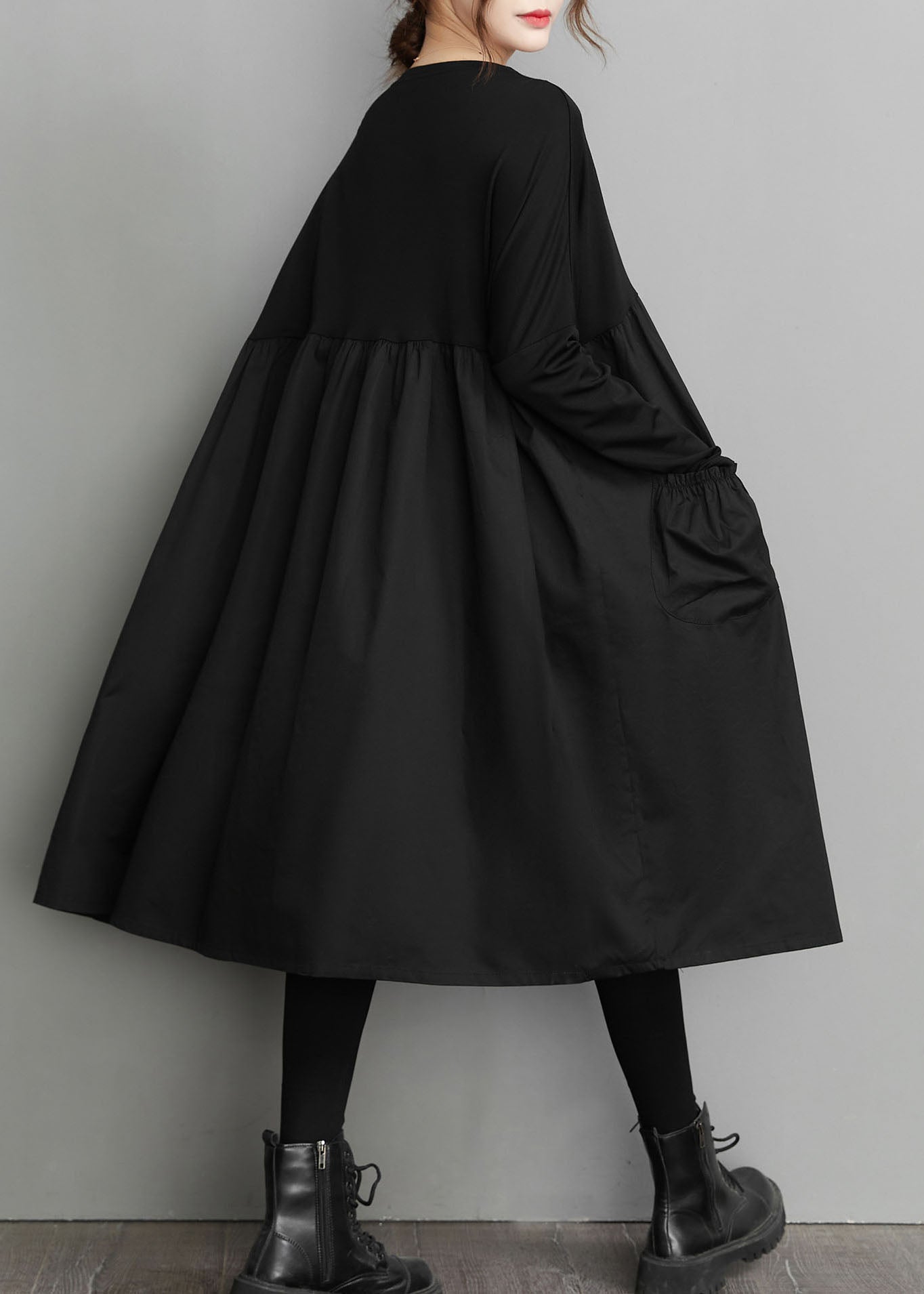 Bio Schwarz Patchwork faltig Taschen Baumwolle Kleider Frühling