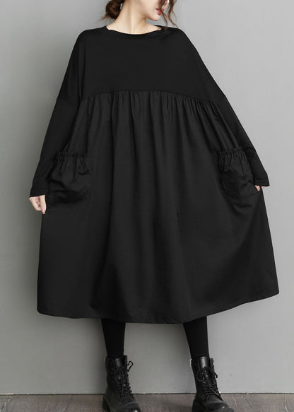 Bio Schwarz Patchwork faltig Taschen Baumwolle Kleider Frühling