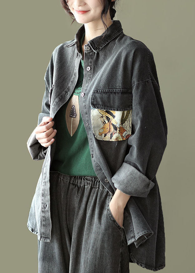 Bio-schwarz Peter Pan Kragen Taschen Patchwork Denim Mäntel Langarm