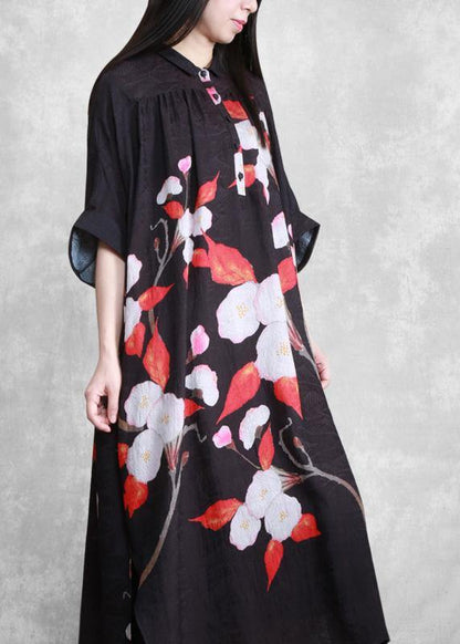 Organic Black Oversize Floral Summer Maxi Dresses - SooLinen