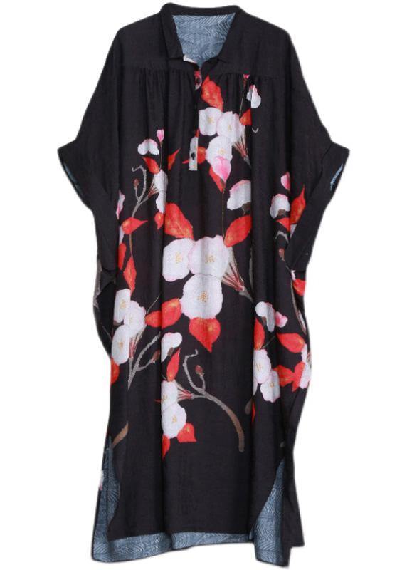 Organic Black Oversize Floral Summer Maxi Dresses - SooLinen