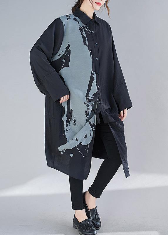 Organic Black Print Dresses Lapel Patchwork Loose Spring Dress - SooLinen