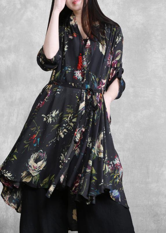 Organic Black Print Plus Size Clothes Tie Waist Cardigan Coat - SooLinen