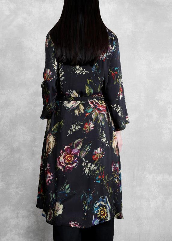 Organic Black Print Plus Size Clothes Tie Waist Cardigan Coat - SooLinen