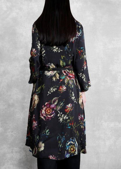 Organic Black Print Plus Size Clothes Tie Waist Cardigan Coat - SooLinen