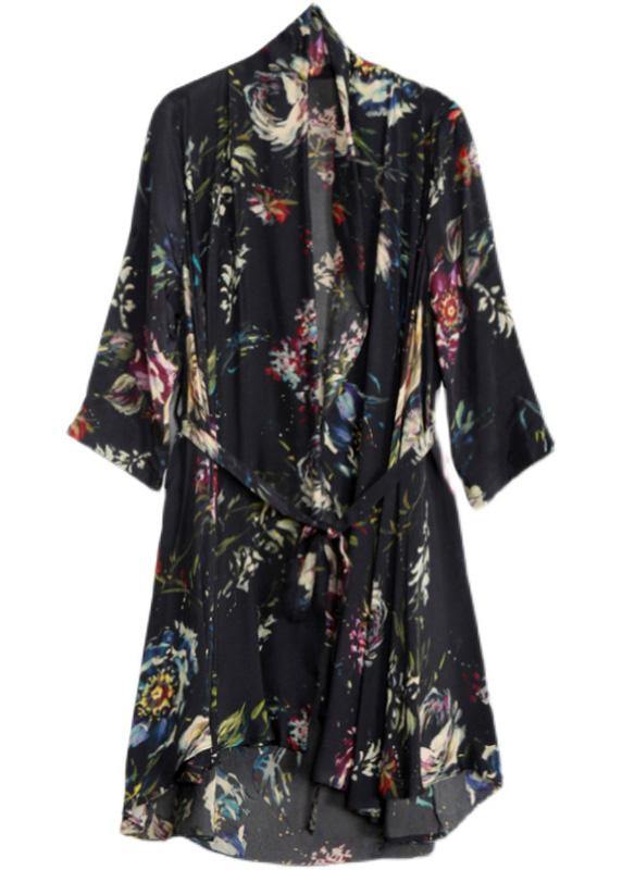 Organic Black Print Plus Size Clothes Tie Waist Cardigan Coat - SooLinen