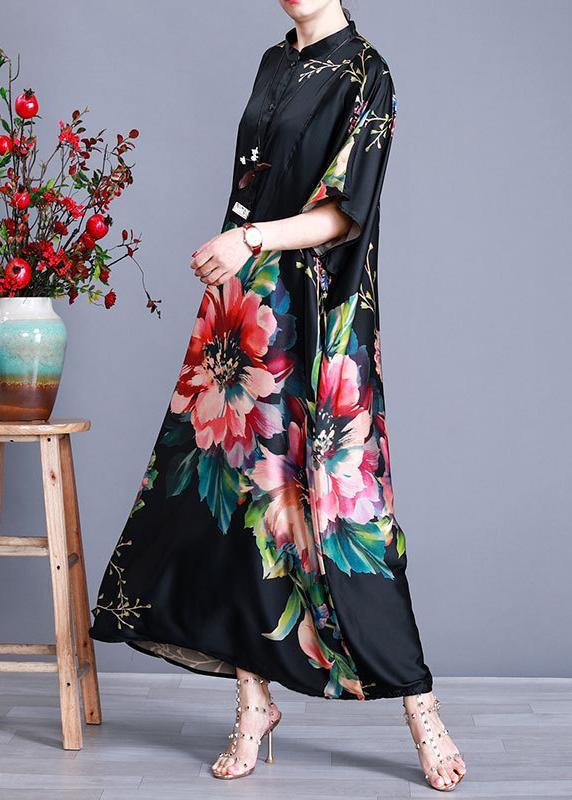 Luxy Black Silk Dress Long Batwing Sleeve Maxi Dresses Caftan - SooLinen