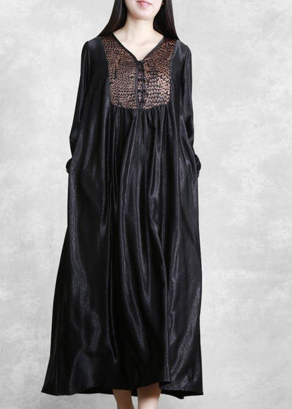 Organic Black Quilting Clothes V Neck Patchwork Robes Spring Dress - SooLinen