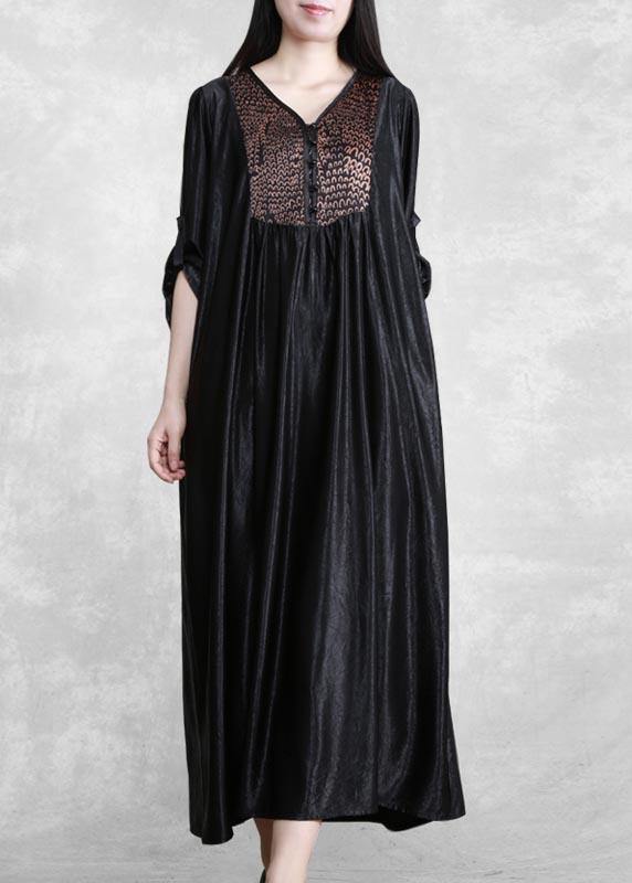 Organic Black Quilting Clothes V Neck Patchwork Robes Spring Dress - SooLinen