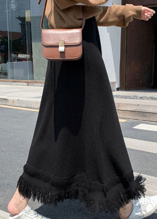 Bio Schwarzer dicker Strickrock mit Quasten für den Winter